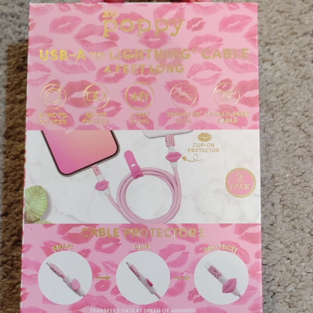 Poppy Pink USB-A to Lightning Cable with Clip Protector
